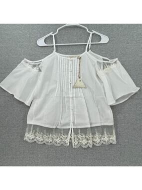 Mistic Prysm Blouse Womens Small White Cold Shoulder Lace Pleated Button Up NEW